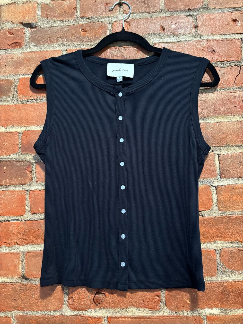 Pink Rose Navy Ribbed Button-Front Sleeveless Top